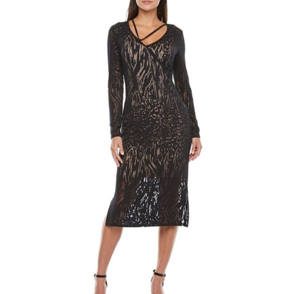 Bold Elements Black Lace Sexy Long Sleeve Animal Print Bodycon Midi Dress M NWT